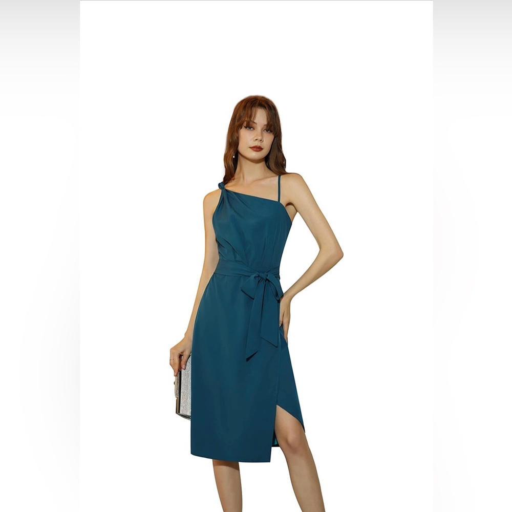 One Shoulder Slit Dress with Belt Summer Sleeveless Wedding Guest Cocktail Dress